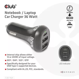 Club3D Auto nabíjačka pre Notebooky 36W, 3 porty (2xUSB-A + USB-C)