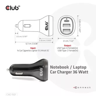 Club3D Auto nabíjačka pre Notebooky 36W, 3 porty (2xUSB-A + USB-C)