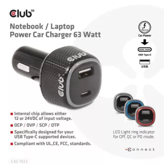 Club3D Auto nabíjačka pre Notebooky 63W, 2 porty (USB-A + USB-C)