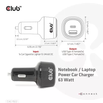 Club3D Auto nabíjačka pre Notebooky 63W, 2 porty (USB-A + USB-C)