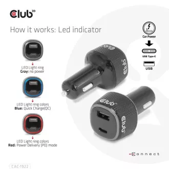 Club3D Auto nabíjačka pre Notebooky 63W, 2 porty (USB-A + USB-C)