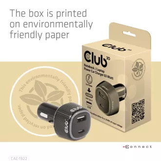 Club3D Auto nabíjačka pre Notebooky 63W, 2 porty (USB-A + USB-C)