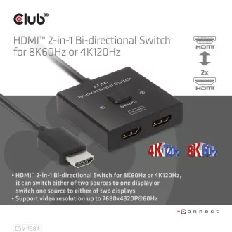 Club3D Switch, HDMI na 2xHDMI Obojstranný 2v1, 8K60Hz, 4K120Hz