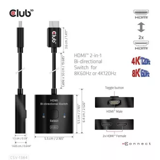 Club3D Switch, HDMI na 2xHDMI Obojstranný 2v1, 8K60Hz, 4K120Hz
