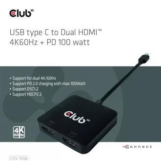 Club3D Video húb MST USB-C na 2x HDMI + USB-C PD 3.0, 4K60Hz