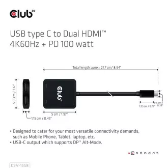Club3D Video húb MST USB-C na 2x HDMI + USB-C PD 3.0, 4K60Hz