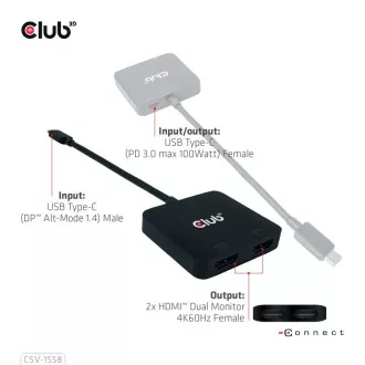 Club3D Video húb MST USB-C na 2x HDMI + USB-C PD 3.0, 4K60Hz