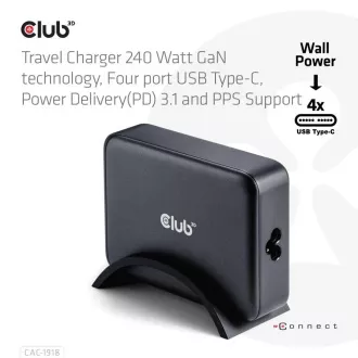Club3D cestovná nabíjačka 240W GaN technológia, 4xUSB-C, PPS + PD 3.1 Support