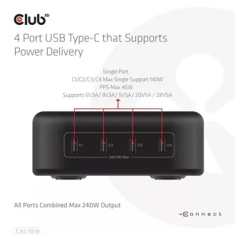 Club3D cestovná nabíjačka 240W GaN technológia, 4xUSB-C, PPS + PD 3.1 Support