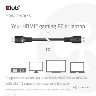 Club3D Kábel HDMI, Ultra Rýchly HDMI™ Certifikovaný Cable, 4K120Hz/8K60Hz, 7.5m
