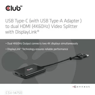 Club3D Video rozbočovač USB-C/A na 2x HDMI 2.0, Dual Monitor, 4K60Hz (M/F)