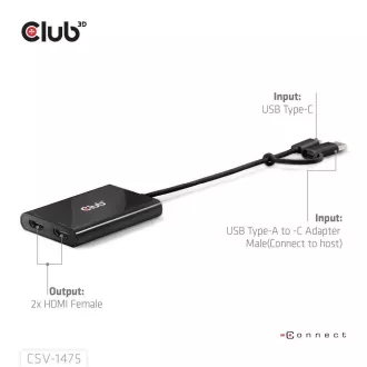 Club3D Video rozbočovač USB-C/A na 2x HDMI 2.0, Dual Monitor, 4K60Hz (M/F)
