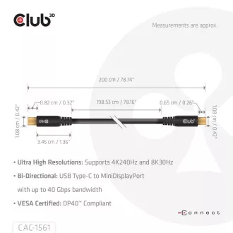 Club3D Kábel USB-C na MiniDisplayPort 2.1, 8K30Hz, DSC1.2, UHBR10, 2m