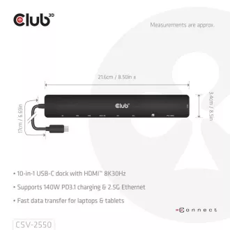 Club3D Dokovacia stanica USB-C 10v1, 140W PD, 1xHDMI, 3xUSB-C, 3xUSB, 1xRJ45, čierna