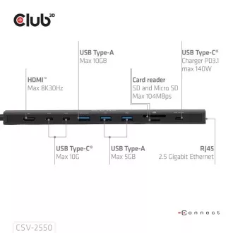 Club3D Dokovacia stanica USB-C 10v1, 140W PD, 1xHDMI, 3xUSB-C, 3xUSB, 1xRJ45, čierna