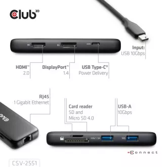 Club3D Dokovacia stanica USB-C 8v1, 1xHDMI, 1xDP, 1xUSB-C, 2xUSB, 1xRJ45, čierna