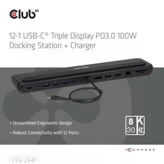 Club3D Dokovacia stanica USB-C 12v1, 2xHDMI, 1xDP, 2xUSB-C, 3xUSB, 1xRJ45, 1x3.5mm, čierna