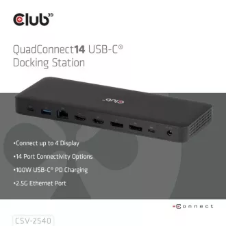 Club3D Dokovacia stanica USB-C 14v1, 2xHDMI, 2xDP, 3xUSB-C, 1xUSB-C PD, 2xUSB, 1xRJ45, 1x3.5mm, microSD/SD, čierna