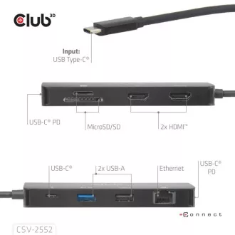 Club3D Dokovacia stanica USB-C 9v1, 2xHDMI, 1xUSB-C, 1xUSB-C PD, 2xUSB, 1xRJ45, microSD/SD, čierna