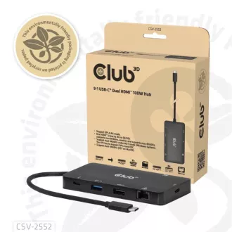Club3D Dokovacia stanica USB-C 9v1, 2xHDMI, 1xUSB-C, 1xUSB-C PD, 2xUSB, 1xRJ45, microSD/SD, čierna