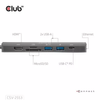 Club3D Dokovacia stanica USB-C 7v1, 1xHDMI, 1xUSB-C PD, 2xUSB, 1xRJ45, microSD/SD, čierna