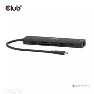 Club3D Dokovacia stanica USB-C 7v1, 1xHDMI, 1xUSB-C PD, 2xUSB, 1xRJ45, microSD/SD, čierna