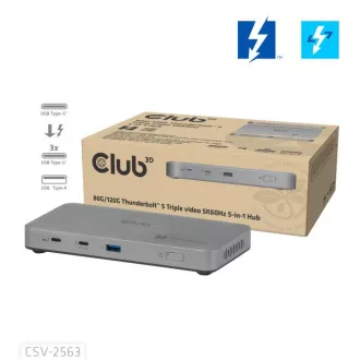 Club3D hub Thunderbolt 5 5v1, 3x USB-C TB5, 1x USB-A, 1x8K60Hz, 3x 5K60Hz, certifikácia Thunderbolt Share, 180W