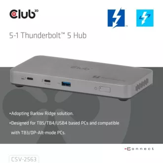 Club3D hub Thunderbolt 5 5v1, 3x USB-C TB5, 1x USB-A, 1x8K60Hz, 3x 5K60Hz, certifikácia Thunderbolt Share, 180W