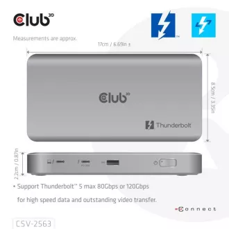 Club3D hub Thunderbolt 5 5v1, 3x USB-C TB5, 1x USB-A, 1x8K60Hz, 3x 5K60Hz, certifikácia Thunderbolt Share, 180W