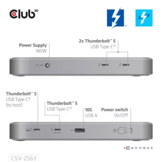 Club3D hub Thunderbolt 5 5v1, 3x USB-C TB5, 1x USB-A, 1x8K60Hz, 3x 5K60Hz, certifikácia Thunderbolt Share, 180W