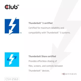 Club3D hub Thunderbolt 5 5v1, 3x USB-C TB5, 1x USB-A, 1x8K60Hz, 3x 5K60Hz, certifikácia Thunderbolt Share, 180W