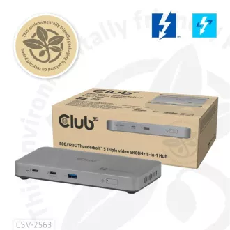 Club3D hub Thunderbolt 5 5v1, 3x USB-C TB5, 1x USB-A, 1x8K60Hz, 3x 5K60Hz, certifikácia Thunderbolt Share, 180W