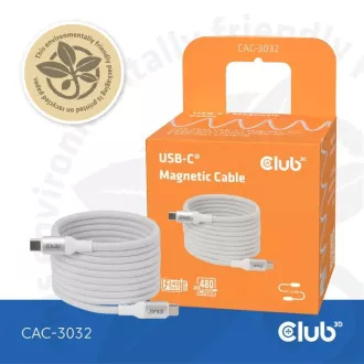 Club3D Kábel magnetický USB-C, 240W PD3.1, 480 Mbps, 2m, biela