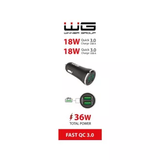WG - Nabíjačka do auta 2x USB-A 36W, QC 3.0 + QC 3.0, čierna