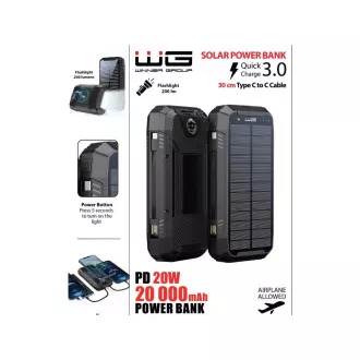 WG - Power Bank 20000 mAh, solárny panel + bezdrôtové nabíjanie 15W + svietidlo + kompas, USB-C PD 20W, čierna