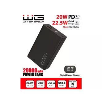 WG - Power Bank 20000 mAh, USB-C PD 20 W + USB-A QC 22.5 W, čierna