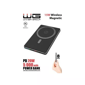 WG - Power Bank 5000 mAh, bezdrôtová 15W + PD 20W, čierna