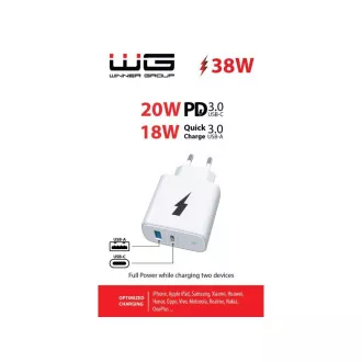 WG - Sieťová nabíjačka 2x USB 38W, 1x USB-C PD 20W + 1x USB-A QC 3.0 18W, biela
