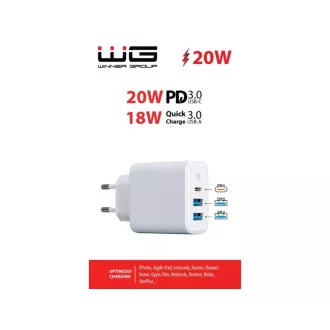 WG - Sieťová nabíjačka 3x USB, 1x USB-A QC 3.0 + 1x USB-A QC 3.0 + 1x USB-C PD 3.0, biela