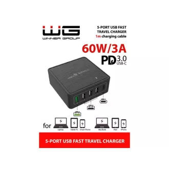 WG - Sieťová nabíjačka 5x USB 60W, 1x USB-A QC 3.0 + 3x USB-A Smart IC + 1x USB-C PD, čierna