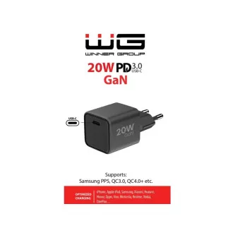 WG - Sieťová nabíjačka GaN 1x USB-C, PD 20W, 5V-9V-12V, čierna