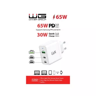 WG - Sieťová nabíjačka GaN 3x USB, 1x USB-A 30W + 2x USB-C 65W, biela
