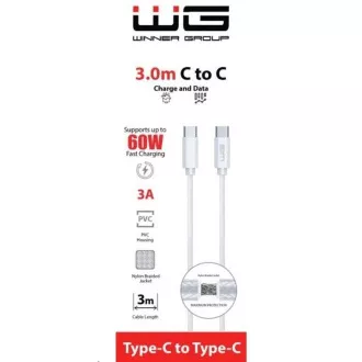 WG - Dátový kábel Type-C na Type-C, 3 metre, 3A, 60W, biela