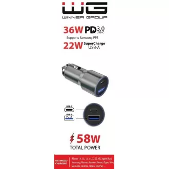 WG - Nabíjačka do auta 2x USB 58, 5W, 1x USB-C PD 36W + 1x USB-A 22.5W, strieborná