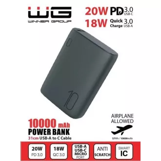 WG - Power Bank 10000 mAh, QC 3.0 a PD output+input, ultra malá, čierna