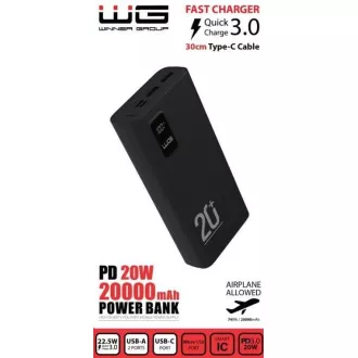 WG - Power Bank 20000 mAh, USB-C PD 20W + USB-A QC 3.0 22.5W, čierna