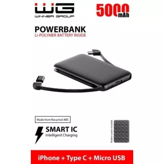 WG - Power Bank 5000 mAh, kábel Micro USB + Type-C + adaptér Lightning, čierna