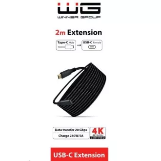 WG - Predlžovací kábel USB-C (male) na USB-C (female), 2 metre, nylonový oplet, čierna
