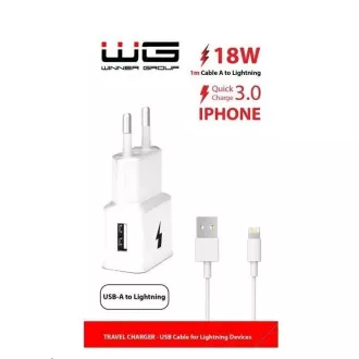 WG - Sieťová nabíjačka 1x USB-A, Quick Charge 3.0, 5V-9V-12V, kábel USB-A na Lightning, biela
