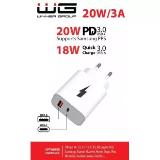WG - Sieťová nabíjačka 2x USB, 1x USB-C PD 20W + 1x USB-A QC 3.0 18W, biela